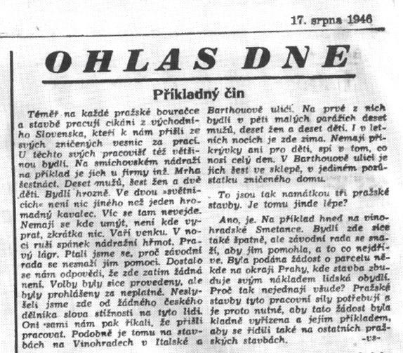 Novinový článek: "Příkladný čin" (Rudé právo, 17.8.1946)