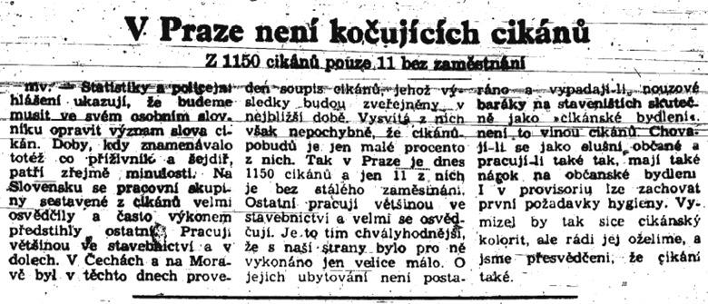 Novinový článek: "V Praze není kočujících cikánů" (Právo lidu 5.9. 1947)